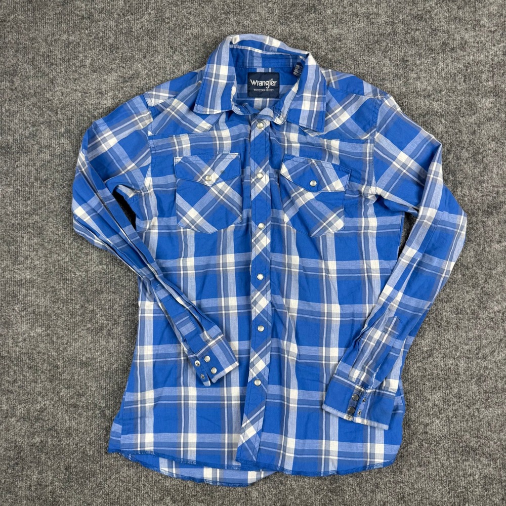 Wrangler Shirt Boys Size XL Blue Plaid Pearl Snap Long Sleeve Western 201WAAL